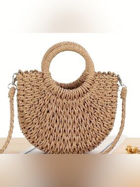 Woven Circular Straw Shoulder Bag in Natural Tan New with Tags